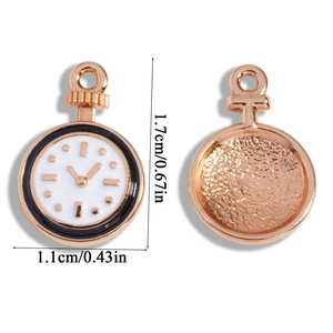 Macro detail of rose gold clock charms showing enamel watch face and textured metal back