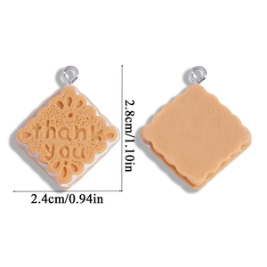 Detailed view of square resin biscuit charms showing front and back with thank you text
