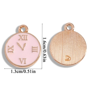 Detailed front and back view of pink clock charm pendant with dimension markings