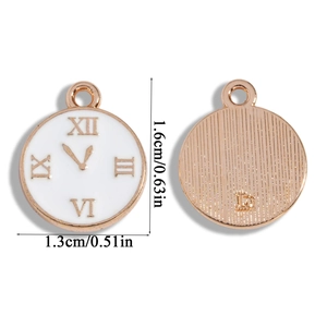 Detailed front and back view of gold alloy clock charm with white enamel dial