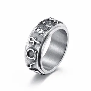 Vintage Ancient Egyptian Symbols Stainless Steel Spinner Ring For Men Women Ankh Scarab Relief Rotatable Stress Relief Jewelry Band Ring