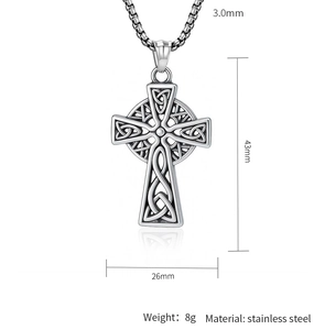 Close-up of stainless steel Celtic cross pendant with 43mm height and 26mm width
