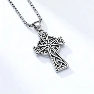 Nordic Viking Celtic Trinity Knot Cross Pendant with polished steel chain on white background