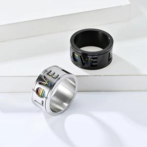Bague Pride Arc-en-ciel en Acier Titane Découpe LOVE Anneau Rotatif pour Hommes Femmes LGBTQ Bijoux Émail Noir Argent