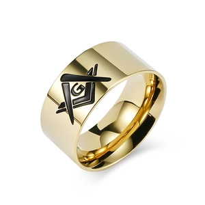Polished gold stainless steel Freemason ring with black Masonic square and compass G symbol