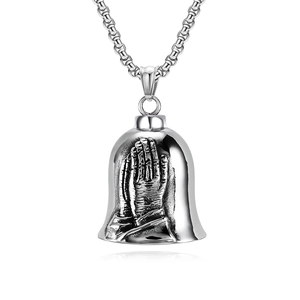 Collier avec pendentif cloche mains en prière en acier inoxydable argenté vintage