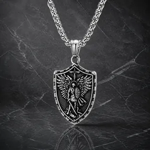 Retro Titanium Steel Archangel Saint Michael Shield Pendant Necklace For Men Vintage Religious Relief Jewelry Gift