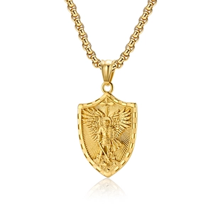 Gold Saint Michael archangel shield pendant necklace in polished titanium steel for men