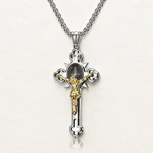 Edelstahl Kreuz Anhänger Halskette Für Herren Vintage Religiöse Kruzifix Jesus Punk Schmuck Geschenk Silber Gold Zweifarbig