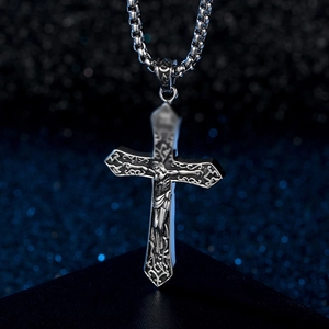 Vintage stainless steel crucifix necklace with gothic cross pendant and box chain