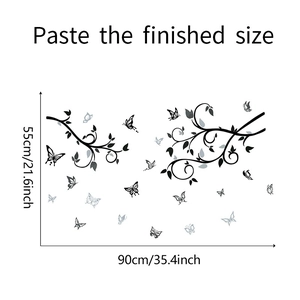 Detailed size chart for the butterfly and branch wall decal measuring 55cm by 90cm