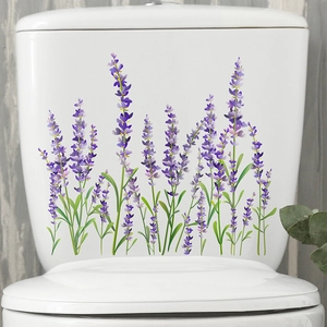 Sticker de Toilette Salle de Bain Fleur de Lavande PVC Imperméable Autocollant Mural pour Décoration de Réservoir WC Floral Violet