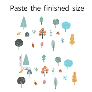 Cartoon forest tree wall sticker set with leaf and acorn patterns showing dimensions