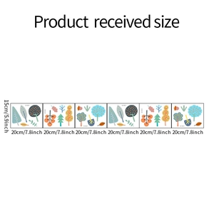 Detailed view of cartoon tree wall stickers showing 6 units with precise dimensions