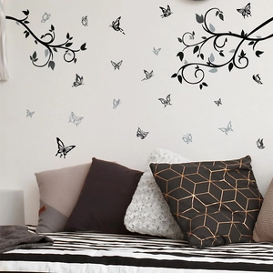 Minimalist black branch and butterfly silhouette self-adhesive wall stickers for bedroom decor