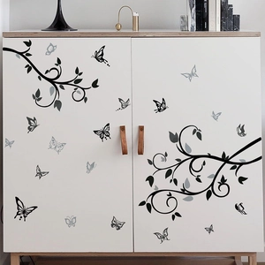Minimalist black butterfly and vine branch silhouette wall stickers for modern home decor