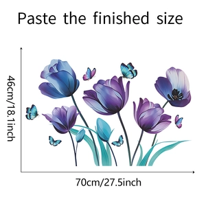 Detail showing self-adhesive purple tulips and blue butterflies wall sticker dimensions