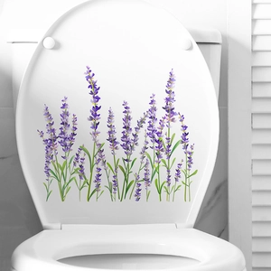 Gros plan détaillé des autocollants lavande pour couvercle de toilette blanc moderne