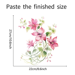 Detailed dimensions of watercolor floral wall sticker with pink flowers and green leaves