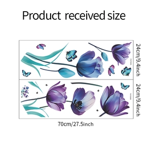 Detailed dimensions of watercolor ink tulip flowers and butterflies wall stickers