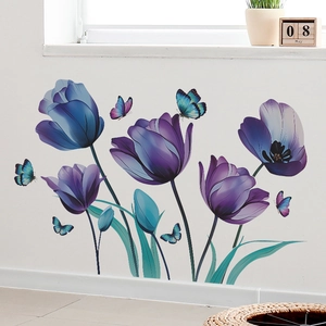 Waterproof ink tulip flower and butterfly wall sticker for home living room decor