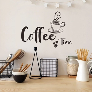 Detail of Coffee Time wall sticker with coffee cup and beans in kitchen setting