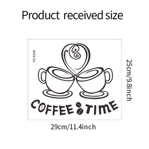 Detail showing self-adhesive Coffee Time wall sticker layout with size measurements