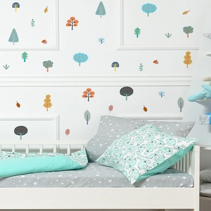 Cartoon forest wall decals with colorful trees and acorns for kids room nursery decor