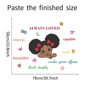 Detail view showing dimensions of cartoon girl wall decal with motivational English phrases