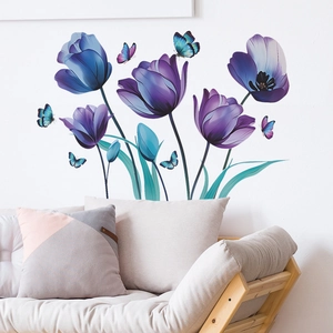 Detail of purple tulips and butterflies wall sticker on a modern living room sofa background