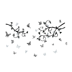 Self-adhesive black tree branch wall decals with blue and black butterflies for home decor