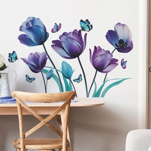 Ink style purple tulip and butterfly wall stickers for modern bedroom decor decoration
