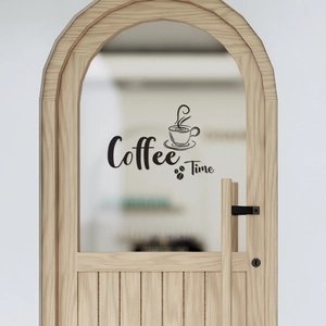 Creative Coffee Time wall sticker with coffee cup and beans on an arched glass door