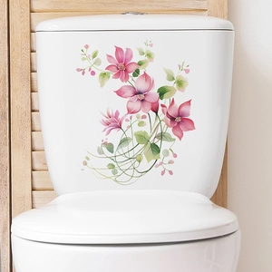 Waterproof self-adhesive floral wall sticker with pink flowers and green leaves on toilet