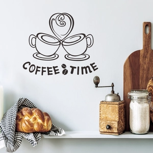 Detail view of Coffee Time wall sticker with cup silhouettes and heart shapes in a cozy kitchen