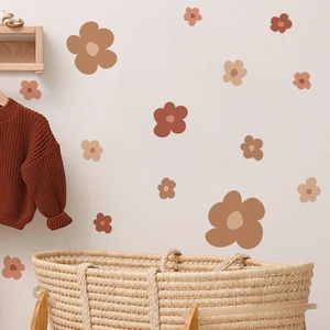 Boho style cartoon flower wall stickers in warm brown tones for nursery room decoration