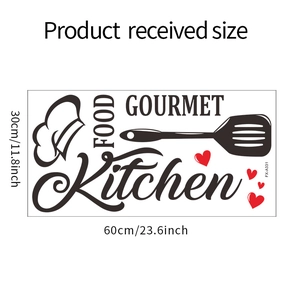 Detail of DIY kitchen wall sticker showing food gourmet text and 30x60cm dimensions