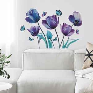 Watercolour purple tulip and butterfly wall stickers for modern living room decor