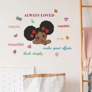 Cartoon African girl wall decal with motivational quotes and butterflies for kids room