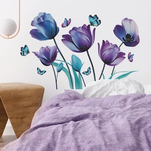 Watercolor Tulip And Butterfly Wall Sticker PVC Waterproof Self Adhesive Flower Wall Decals For Bedroom Living Room Decor