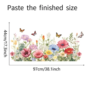 Floral wall sticker showing finished size dimensions 97x44cm with colorful flowers