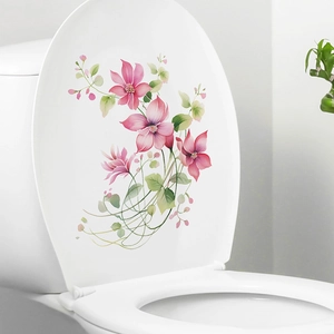 Waterproof floral toilet seat sticker with watercolor pink flowers and green leaves