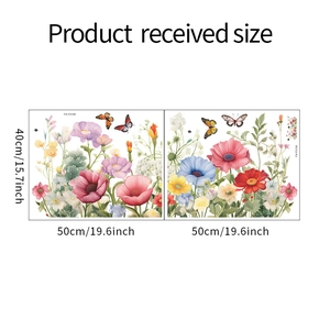 Detailed size chart showing two 50x40cm watercolor flower and butterfly wall sticker sheets
