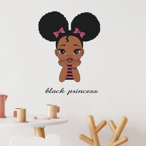 Cartoon Black Princess wall sticker featuring a girl with pink bows for kids room decoration