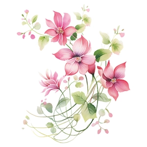 Floral watercolor wall sticker featuring pink flowers and green leaves on white background