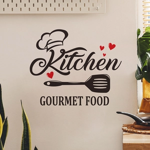 Minimalist Kitchen wall sticker with gourmet food text and red hearts decor
