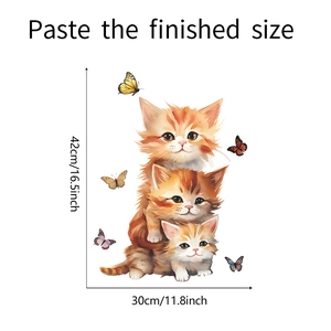 Cartoon orange kittens and butterflies wall sticker showing finished size dimensions