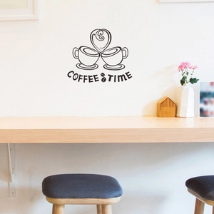 Minimalist black coffee time wall sticker with cups and hearts for home kitchen decor
