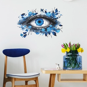 Artistic wall decal with blue eye, watercolor flowers, and butterflies for home decor