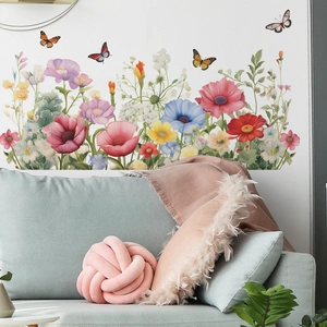 Vibrant floral wall decals with poppies and butterflies for modern living room decor